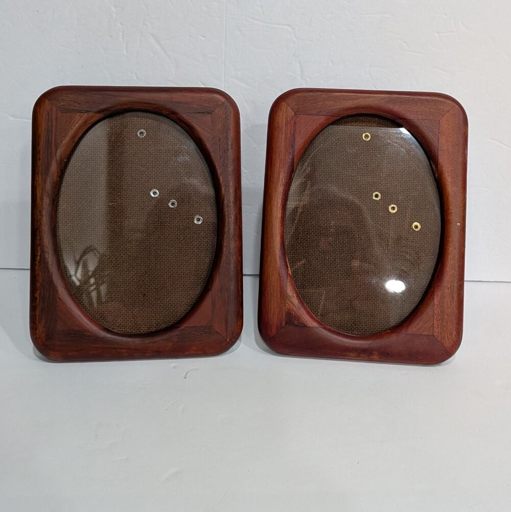 Vintage MCM Teak Oval Opening Picture Frame Pair Tabletop Wall 5x7